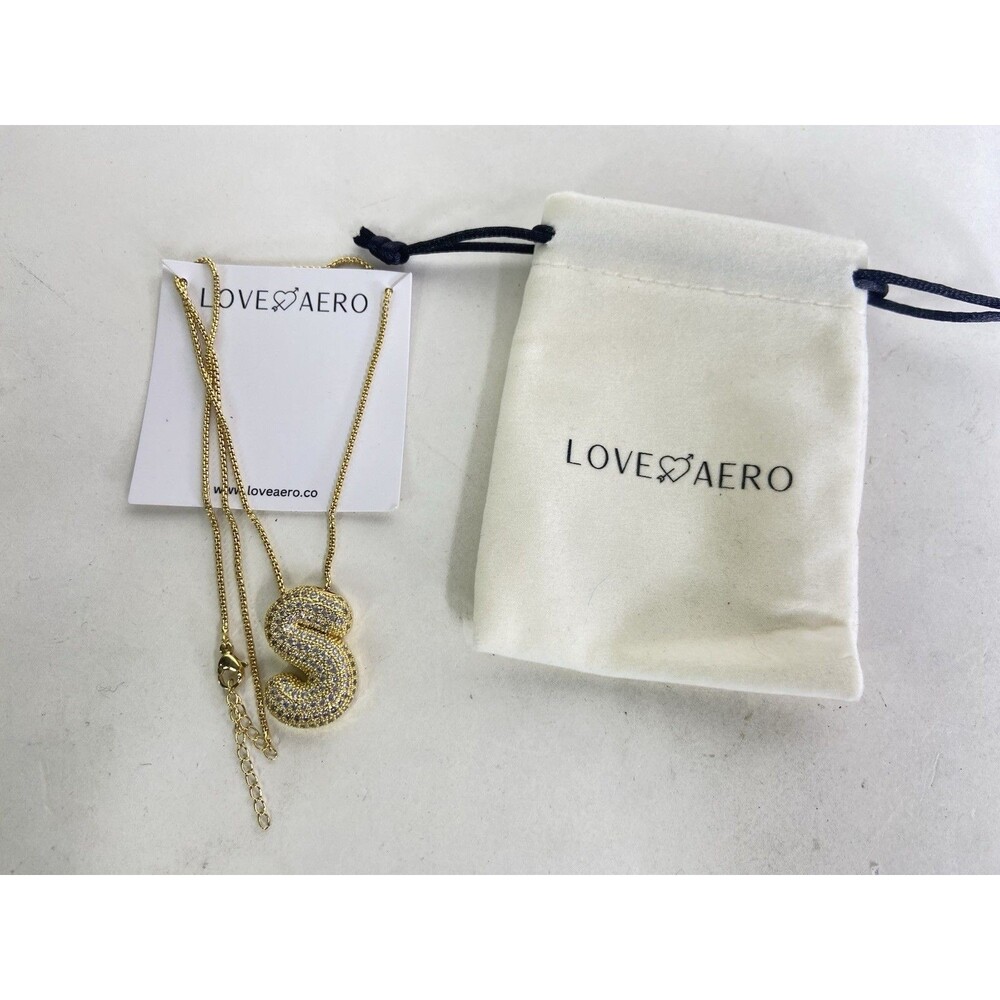 Love Aero Bubble Letter Initial S Personalized Necklace Gold Tone Bling NEW